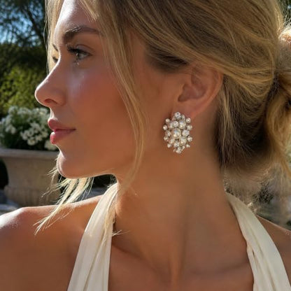 EVER FAITH Austrian Crystal White Simulated Pearl Bridal Cluster Pierced Stud Earrings - color: Clear Silver-Tone