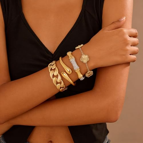 Stackable Gold Bracelets for Women - 4 Sets, 18K Gold Plated Bracelets, Stainless Steel Bangle Bracelets Non-Tarnish, Stylish Gold Jewelry Ensemble, Valentine's Day, Birthday and Christmas Jewelry Gifts - color: A5-(Gold 4Sets)