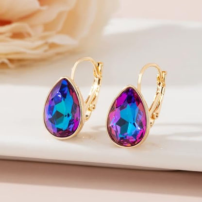 Austrian Crystal Teardrop Leverback Drop Earrings for Women | 14K Gold-Plated Finish, Sparkling Pear Stone, Smooth Bezel Frame, Secure Leverback Closure, Dainty Day-To-Evening Style - color: Blue-Violet