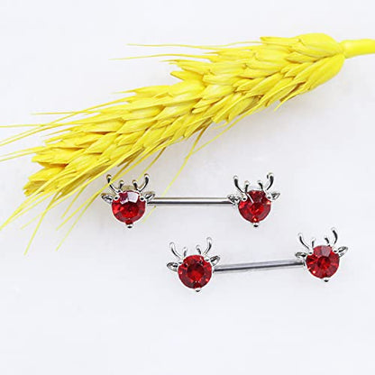2PCS 14G 316L Stainless Steel Opal Nipple Rings Deer Head Nipple Barbell Nipple Piercings Jewelry for Women - color: Red