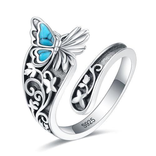 S925-Sterling-Silver Abalone Dragonfly-Turquoise Spoon Ring - Vintage Boho Sunflower Thumb Oxidized Wrap Rings Victorian Style Antique Floral Jewelry Gifts for Women - color: Butterfly Turquoise Ring