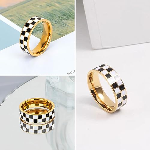 Kainier 6mm 14k Gold Plated Rings Polished Checkerboard Bands Knuckle Statement Pointer Finger Ring Comfort Fit Size 5-9 - color: grid rings