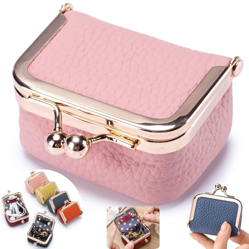 Genuine Leather Mini Jewelry Box - Vintage-Inspired Travel Jewelry Organizer with Kiss Lock, Compact Ring Box for Women, Perfect for Earrings, Rings, Necklaces, Bracelets - Ideal Gift for Her (Pink) - color: Pink S 2.56in