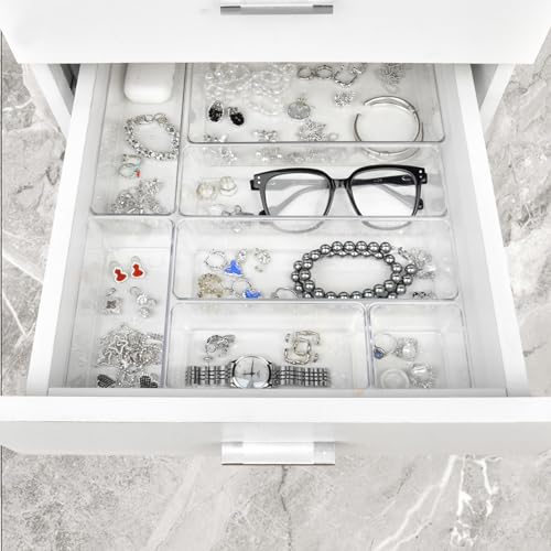 Manalete Drawer Organizers Set of 15, 4 Sizes Clear Plastic Drawer Organizers and Storage Bins for Kitchen, Bathroom, Office, Dresser Desk Drawer Organizer Tray for Jewelry, Makeup, Junk, Gadgets - size: 15Pack(0-0-1-2-5-7)