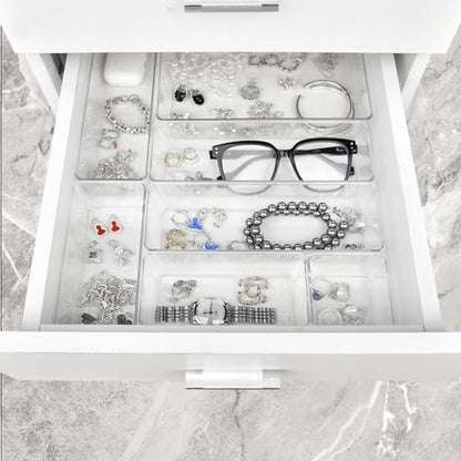 Manalete Drawer Organizers Set of 15, 4 Sizes Clear Plastic Drawer Organizers and Storage Bins for Kitchen, Bathroom, Office, Dresser Desk Drawer Organizer Tray for Jewelry, Makeup, Junk, Gadgets - size: 15Pack(0-0-1-2-5-7)