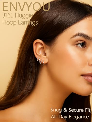316L Surgical Steel Huggie Hoop Earrings | Dainty Pave Cubic Zirconia Cartilage Tiny Earring for Sensitive Ears Hypoallergenic Lightweight for Women Men - style: Silver,20G*6/8/10/12/14mm