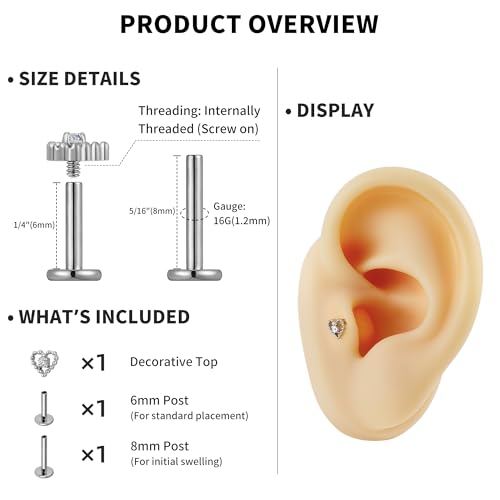 Hollow Heart Piercing Jewelry Collection - ASTM F136 Titanium Internally Threaded Flat Back Stud for Cartilage, Helix, Conch - color: Beaded heart - Tit