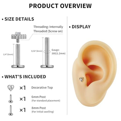 Hollow Heart Piercing Jewelry Collection - ASTM F136 Titanium Internally Threaded Flat Back Stud for Cartilage, Helix, Conch - color: Beaded heart - Tit