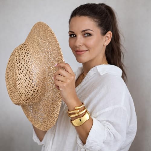 Chunky Gold Bangle Bracelets for Women Trendy 14K Gold Plated Cuff Bracelets Stack, Dainty Gold Bracelet Sets Non Tarnish Fashion Jewelry Gift - style: Gold-3pc-004