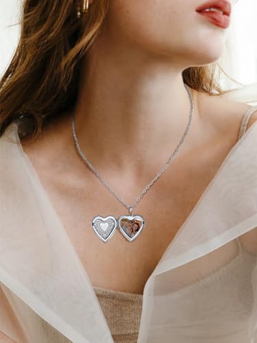 FindChic Locket Necklace for Women Custom Photo Memorial Gifts 4 Colors | Silver/Black/Rose Gold/Gold Plated Personalized for Loved Ones, Birthday Valentine's Day Keepsake - style: 13. Heart Pattern (DIY)-Silver