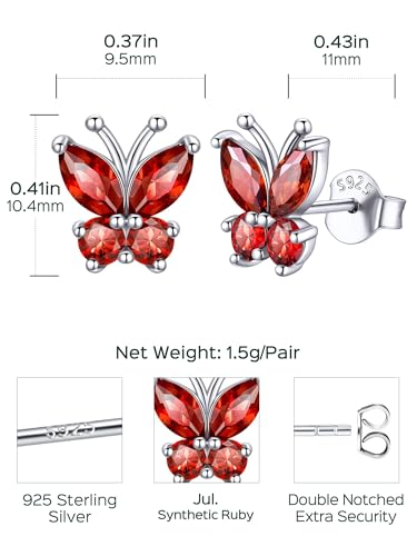 ChicSilver 925 Sterling Silver Bow/Butterfly Earrings for Women Hypoallergenic Birthstone Earrings Dainty Bow/Butterfly Jewelry Gift for Women - color: Butterfly-July-Ruby