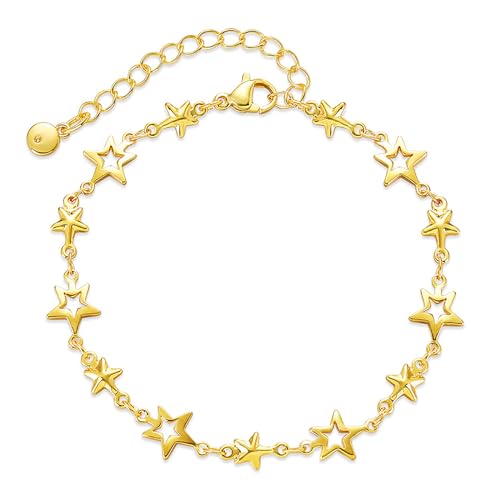 Dainty Gold Bracelets for Women, 18 Gold Plated Adjustable Evil Eye/Butterfly/Beaded/Pearl/Heart/Turquoise Handmade Bracelet for Women - style: Star