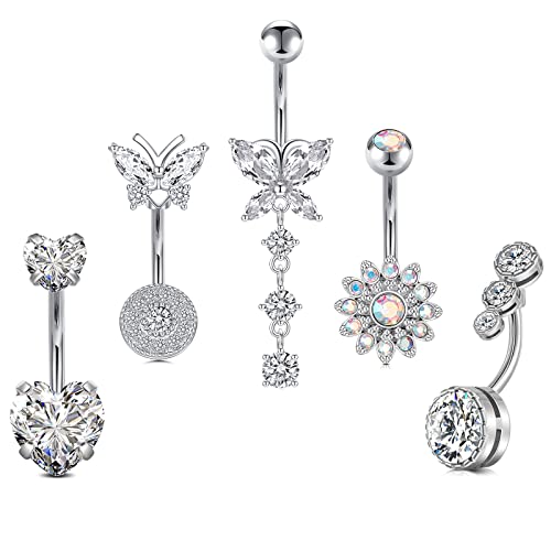 Incaton 14G Cute Heart Stainless Steel Belly Button Rings Belly Piercing Jewelry Diamond Belly Rings for Women Navel Piercing Jewelry - color: 5pcs Silver 2 10mm