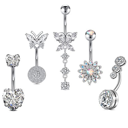 Incaton 14G Cute Heart Stainless Steel Belly Button Rings Belly Piercing Jewelry Diamond Belly Rings for Women Navel Piercing Jewelry - color: 5pcs Silver 2 10mm