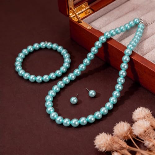 FORUBUS Imitation Pearl Jewelry Set for Women, 8mm Pearl Bead Necklace Earrings and Bracelet 3-Piece Set, 18" Round Faux Pearl Strand for Wedding, Bridal, Prom - color: Blue