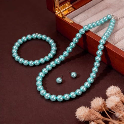 FORUBUS Imitation Pearl Jewelry Set for Women, 8mm Pearl Bead Necklace Earrings and Bracelet 3-Piece Set, 18" Round Faux Pearl Strand for Wedding, Bridal, Prom - color: Blue