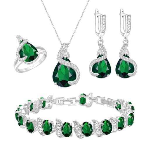 Jewelry Set for Women Teardrop Earrings Necklace Ring Bracelet Set Party Wedding Jewelry Gift for Mother Wife Friend - color: Green