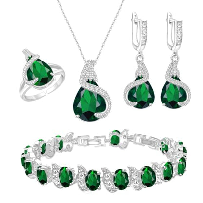 Jewelry Set for Women Teardrop Earrings Necklace Ring Bracelet Set Party Wedding Jewelry Gift for Mother Wife Friend - color: Green