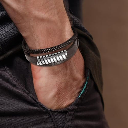 Leather Bracelet for Men Braided Stainless Steel Mens Bracelets - color: Brown 5