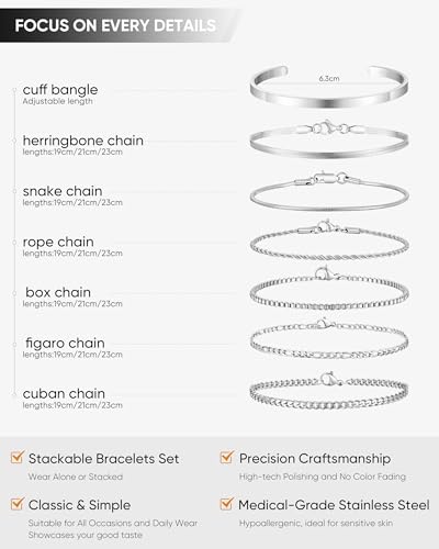VNOX 5/7 Pcs Chain Bracelet for Men Women - Sturdy Stainless Steel Curb Width Cuban Link Chain Bracelet Set for Men Women,6.5/7/7.4/8.2/9 Inches - style: Steel Link 3