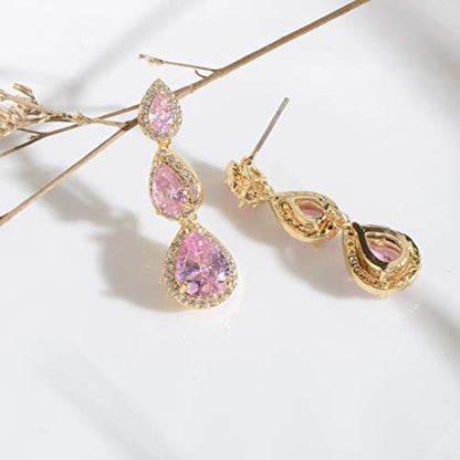 Women's Cubic Zirconia Bridal Earrings - Elegant Long Wedding Party Prom Earring for Bride Bridesmaids Crystal CZ Rhinestone Chandelier Statement Dangle Drop Earrings for Women - color: Pink