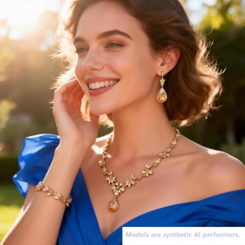 Kamirola Bridal Jewelry Set, Jewelry Set for Women, Necklace Dangle Earrings Bracelet Set, White Gold Plated (TR76) - color: Champagne