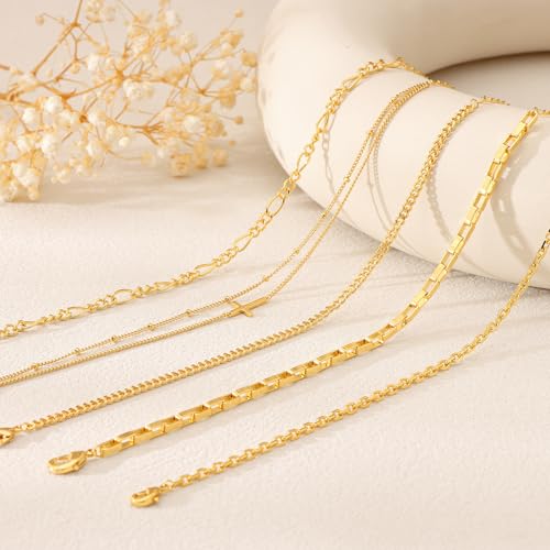 XYJZXY 18K Gold Plated Bracelets for Women, Waterproof Dainty Bracelet Stackable Set, Cuban Link Paperclip Chain Beaded Bracelet Pack, Fashion Jewelry Gift for Women