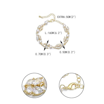EVER FAITH Gorgeous Cubic Zirconia Pearl Wedding Link Bracelet for Bride | Marquise Teardrop Crystal Bridal Prom Jewelry, for Women Bridesmaids - style: Cluster_Clear Gold-Tone