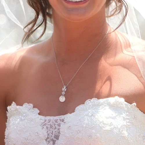 Wedding Jewelry for Bride Bridesmaid, Pearl Dangle Earrings and Pendant Necklace Set Bridal Jewelry for Promise Wedding Party - color: 4#Silver-Necklace/Earrings