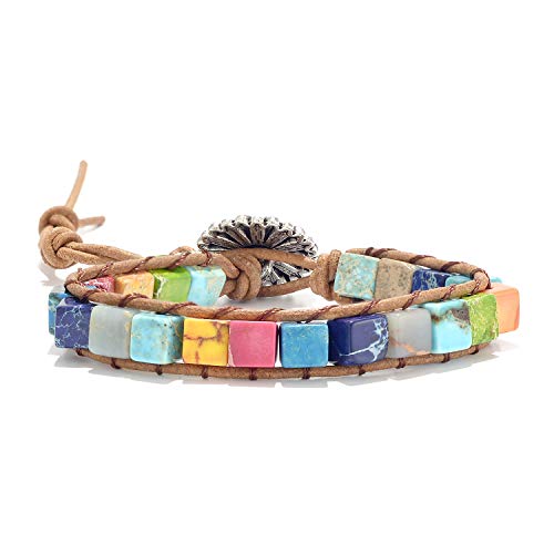 sedmart 7 Chakra Bracelets for Women with Real Stones Leather Wrap Healing Bead Bracelet Women Men Boho Friendship Jewelry - color: A2 Colorful flower button & square stone