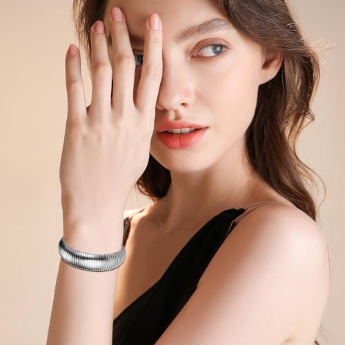 NMQLX Women's Elastic Bangle Bracelets: Stainless Steel Gold Chunky Wristband Bracelets - color: Silver - 20mm
