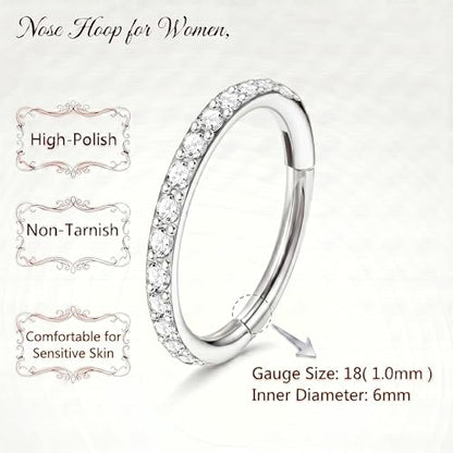 Staligue Nose Hoop ring - 316L Surgical Steel Nose Ring 16/18/20G Hinged Diamond Nose Ring Hoop Septum Clicker Rings Cartilage Earring Helix Rook Tragus Daith Piercing Jewelry for Women 6MM/8MM/10MM/12MM - color: Silver, size: 18G-6MM