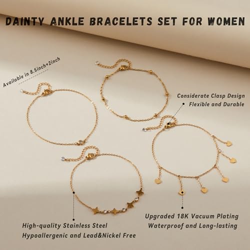 LOFITOR Anklets for Women Ankle Bracelet Charm Link Chain Set Foot | Waterproof Dainty Cz Evil Eye Beaded Anklets Adjustable Beach Foot Jewelry Feet Chains, Summer Beach Foot Jewelry Gifts - style: Heart Gold