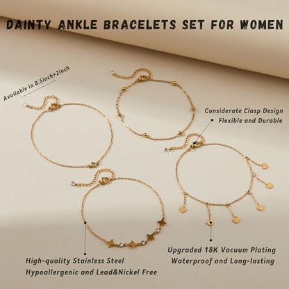 LOFITOR Anklets for Women Ankle Bracelet Charm Link Chain Set Foot | Waterproof Dainty Cz Evil Eye Beaded Anklets Adjustable Beach Foot Jewelry Feet Chains, Summer Beach Foot Jewelry Gifts - style: Heart Gold