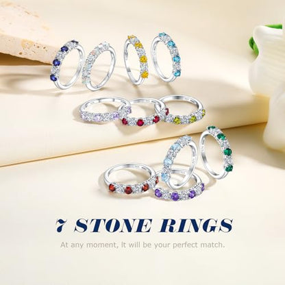 Birthstone Wedding Band Eternity Rings 925 Sterling Silver Rings Stackable Anniversary Engagement Rings Cubic Zirconia Inlaid Created Garnet/Amethyst/Sapphire Ring 7 Stone Ring, Size 6 to 10 - color: Aquamarine & 5A CZ