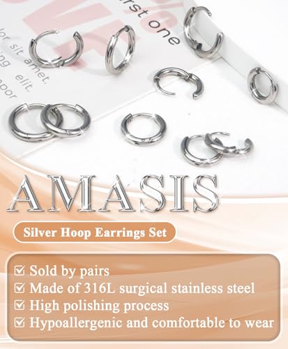 Surgical Steel Huggie Hoop Earrings & Flat Back Studs for Women Men, 6mm-14mm Small Hoops for Cartilage Helix Tragus Lobe, 1-10 Pairs Multiple Piercing Jewelry Set for Sensitive Ears - style: 1Pair,SIlver,9mm(THK:1.6mm)