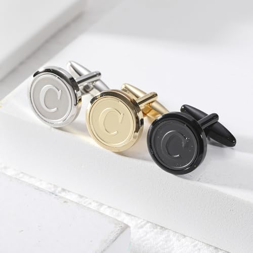Initial Letter A-Z Cufflinks for Men Silver/Gold/Black Cufflinks 26 Alphabet Letter Copper Cufflinks for Formal Occasions Gifts Anniversary Business Wedding for Bridegroom Groomsmen - size: Silver, style: Initial: C