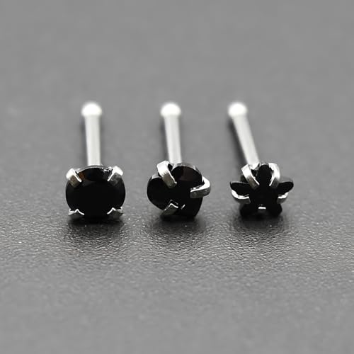 6-Piece Nose Piercing Studs Set, 20G Stainless Steel Nose Studs, 3mm Crystal Heart Star Round Shapes, 0.8x7mm Bone - color: Black