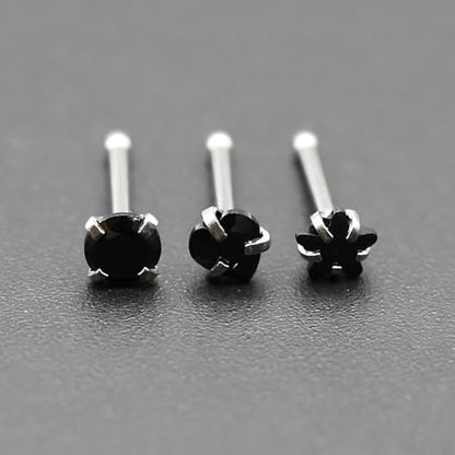 6-Piece Nose Piercing Studs Set, 20G Stainless Steel Nose Studs, 3mm Crystal Heart Star Round Shapes, 0.8x7mm Bone - color: Black