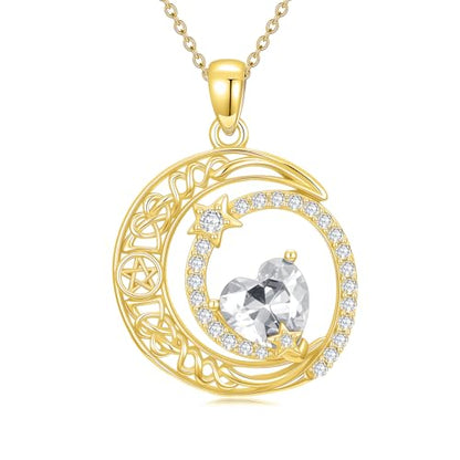 Midari 18K Yellow Gold Sun Moon Star Pendant Rose Flower Necklaces I Love You Forever Sun Moon Jewelry Gift for Mother Women - color: 04-Apri-White, style: Moon&Star