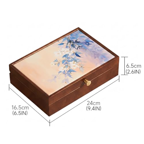 Walnut Wooden Jewelry Box for Women, Magnolia Oil Painting Decor | Small Jewelry Organizer,7 Necklace Hooks, Velvet-Lined, For Watches Rings Earrings Necklace Bracelets, Ideal Gift for Her - style: 1 Layer B