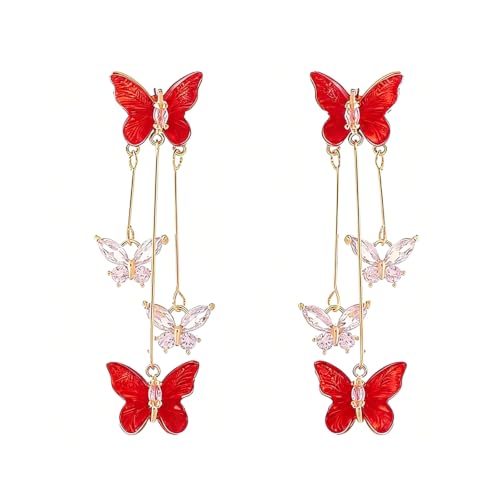 Purple Butterfly Tassel Earrings for Women Crystal Rhinestone Drop Earrings Animal Drop Dangle Charm Earrings - color: E- Red
