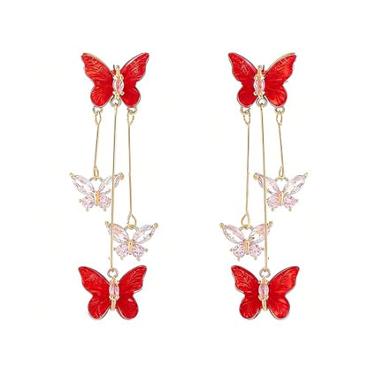 Purple Butterfly Tassel Earrings for Women Crystal Rhinestone Drop Earrings Animal Drop Dangle Charm Earrings - color: E- Red
