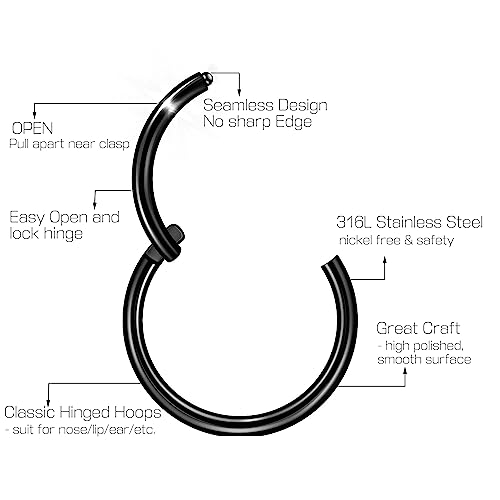 Nose Rings for Women, Gold Hypoallergenic Nose Ring Hoop, 316L Surgical Steel Septum Cartilage Earring, 20G 18G 16G 14 Guage Diameter 5mm to 16mm Body Piercing Lip Jewelry - color: Black Plated, size: Inner Diameter: 6 mm
