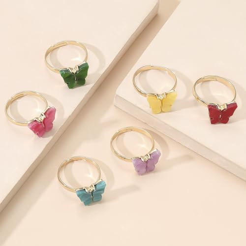 8 Pcs Gold Plated 3D Butterfly Rings Acrylic Adjustable Open Colorful Crystal Bowknot Shaped Band Rings for Women Girls Finger Jewelry - color: candy