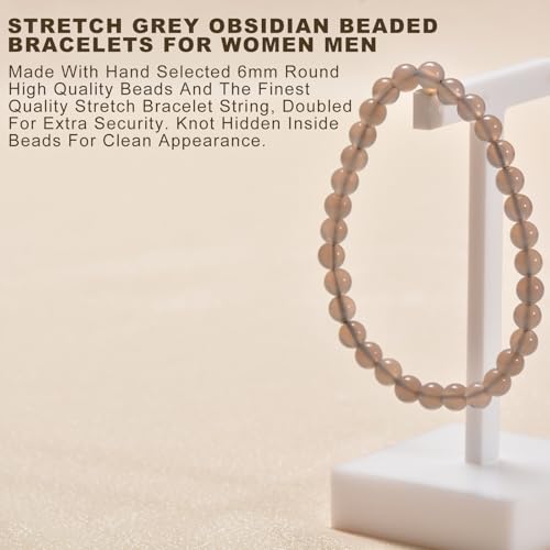 Agate Round Beaded Bracelet for Women Men Natural Agates Stone Healing Bracelets Stretch Elastic Handmade Polished Gemstone Beads Bracelet - color: Grey, size: 6mm Beads