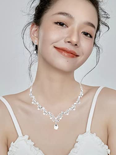 3Pcs Austrian Crystal Jewelry Set for Women, Necklace Dangle Earrings Link Bracelet Jewelry Set with Gold/Platinum/Gun Plated, Wedding Party Jewelry for Bridal Bridesmaid - color: White-Platinum Plated