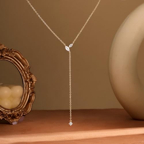 LuckFairy Lariat Necklace for Women，Dainty Gold Long Necklaces 14k Gold Plated CZ Lips Bead Y-Shaped Drop Chain Necklace Simple Gold Layered Necklaces for Women Trendy Gold Jewelry Gifts for Women - color: LEAF CZ