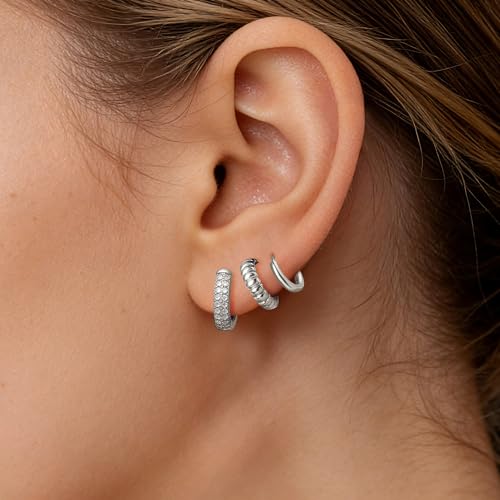 HILXURY 6 Pairs Small Gold Huggie Hoop Earrings for Women, 14K Gold Plated Cartilage Piercings Hoop Earrings Hypoallergenic, Trendy Lightweight Chunky Hoops Set for Women Gifts. - color: D- Silver