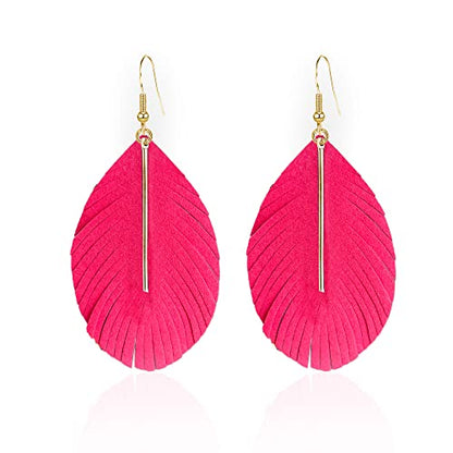 GBAHFY Feather Leather Layered Fringe Earrings for Women Boho Genuine Lightweight Leather Leaf Tassel Dangle Statement Earrings with Metal Bar - color: Rose Red